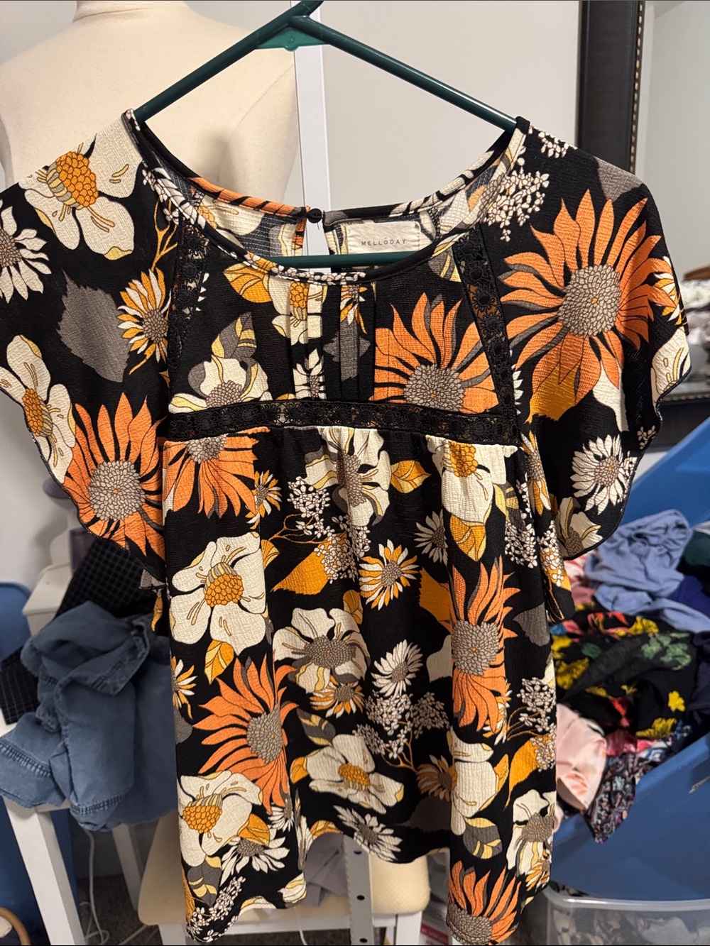 Bundle MELLODAY Black Blouse with Orange & Cream Floral Print & new day shirt